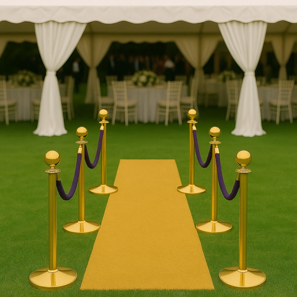 Gold stanchions with purple ropes and gold aisle runner - perfect for your next event - lovely Jubbly events and party hire