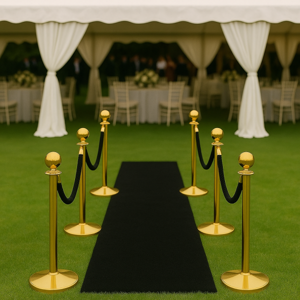 Gold Stanchions with black ropes and black aisle runner for that special vip entrance - Casino Royale or VIP event set up - Lovely Jubbly Events and Party Hire