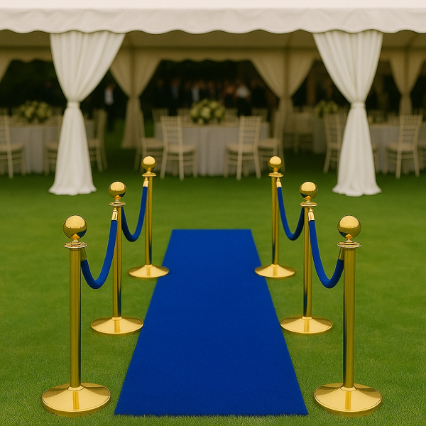 Royal Blue velvet ropes with matching aisle runner and gold stanchions - royal or corporate event - Lovely Jubbly Events and Party Hire