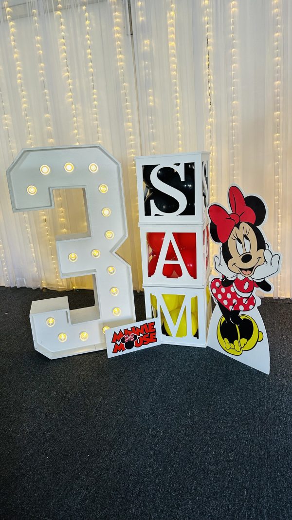 Minnie Mouse birthday hire Brisbane virginia balloon character cutout pick up collect diy kids children's parties light up number three