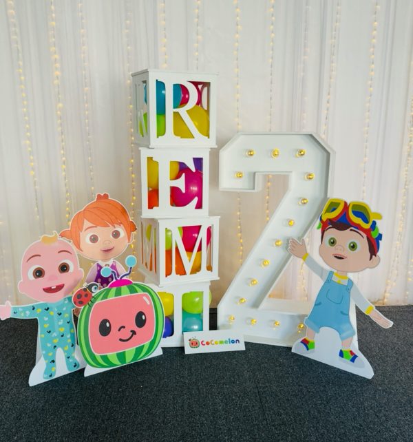 Cocomelon birthday hire Brisbane cutout party children kids light up number two