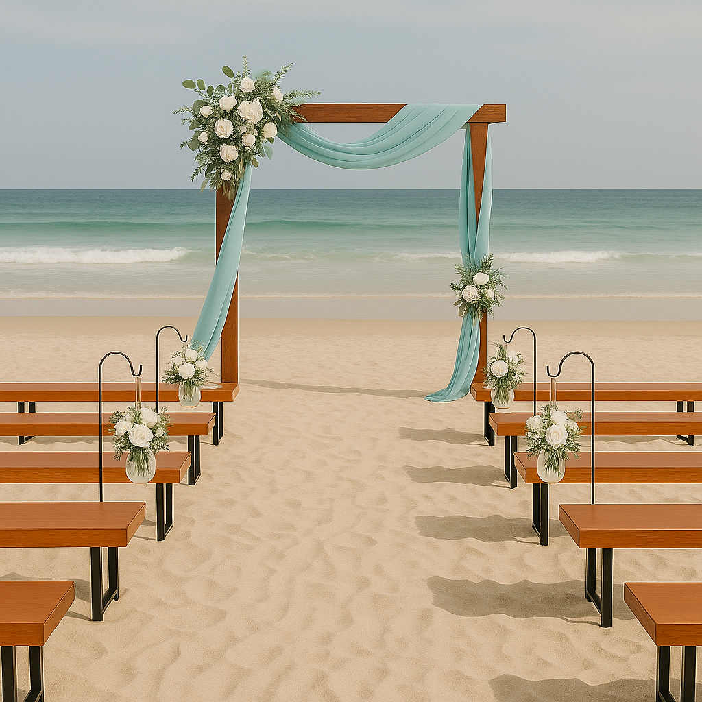 Ceremony package wedding pews / benches and arbour $300 DIY HIRE Lovely Jubbly events brisbane - add on decor and artificial florals $575