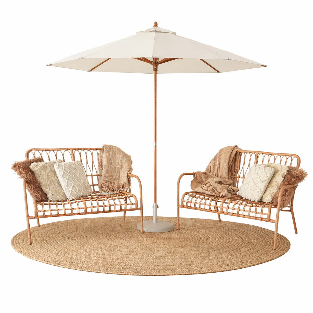 Rattan Lounge Set with Umbrella & Rug